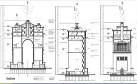 Engineering cross sections of the proposed 250-ft Monumental Arch showing interior floors, elevators, stairs and foundations.
