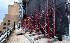 Temporary shoring installed outside the former Pfizer headquarters redevelopment during the ongoing structural failure investigation.