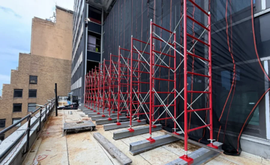 Temporary shoring installed outside the former Pfizer headquarters redevelopment during the ongoing structural failure investigation.