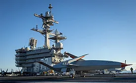 MQ-25 Stingray unmanned aircraft on the flight deck of USS George H.W. Bush.