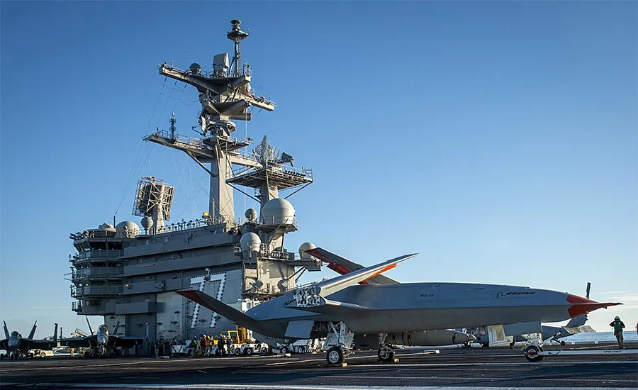 MQ-25 Stingray unmanned aircraft on the flight deck of USS George H.W. Bush.