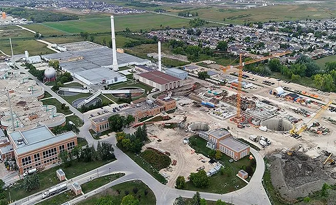 North-End-Water-Pollution-Control-Centre Aerial view of Winnipeg's North End Water Pollution Control Centre with active construction on the new biosolids facilities adjacent to the existing wastewater treatment plant.