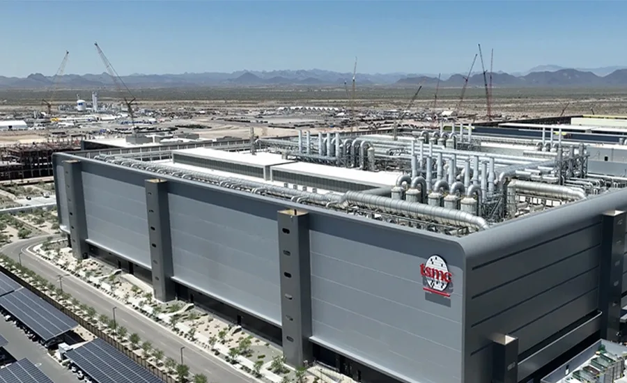 Aerial view of TSMC's Arizona semiconductor manufacturing campus in Phoenix with completed facilities and surrounding construction activity.