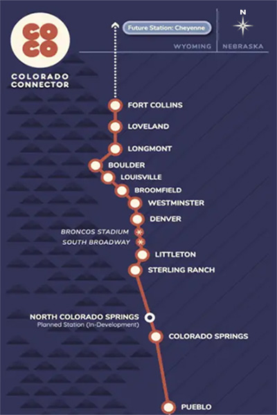 Map showing the proposed Colorado Connector passenger rail route between Fort Collins and Pueblo.