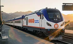 Rendering of a proposed Colorado Connector passenger train at a station platform.