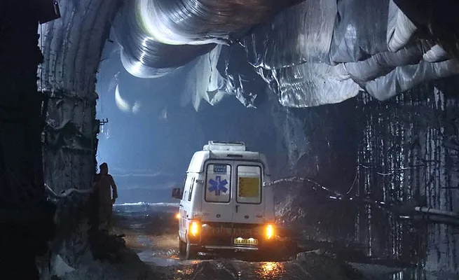 Sikkim_Tunnel_Explosion Ambulance inside Teesta Stage-VI hydropower tunnel during rescue operations in Sikkim.