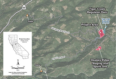 Map showing the Tiger Creek Regulating Dam project area and the Doakes Ridge staging and spoil site in Amador County, California.