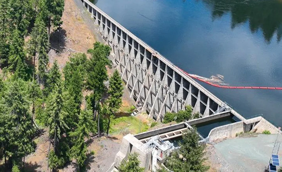 Aerial view of PG&E's Tiger Creek Regulator Dam in Northern California, where a replacement spillway will be constructed.