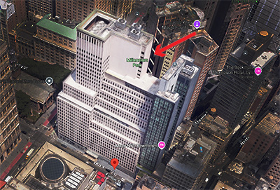 Annotated aerial view of the 222 Broadway office-to-residential conversion in Lower Manhattan.