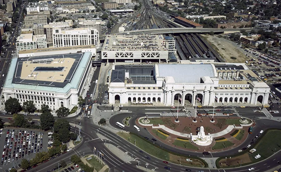 Aerial view of Washington Union Station and its surrounding rail yard in Washington, D.C.