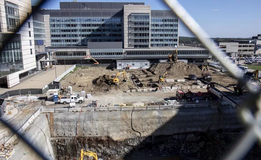 A photo of the construction site for a UMass Medical Center project using a geothermal well