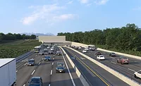 Rendering of Massey Tunnel shows cars driving on a multilane road, a concrete barrier in the center separates the directions. In the background is a blue sky, mountain tops and trees.