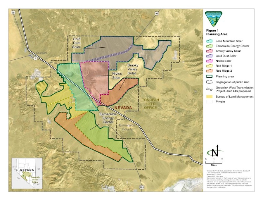 Map showing seven smaller land parcels that make up the 62,000-acre Esmeralda solar energy project.