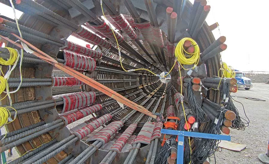 Sensors and wiring are installed on a rebar cage