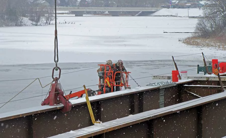 Crews used a lift to perform work