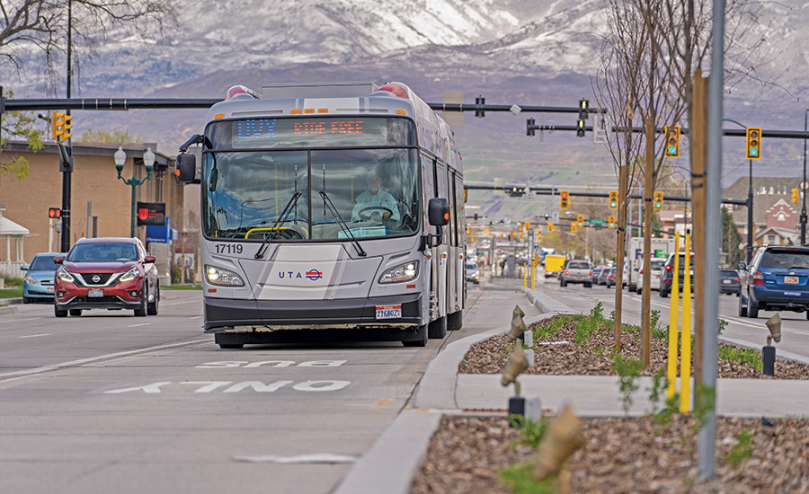 bus on a city street