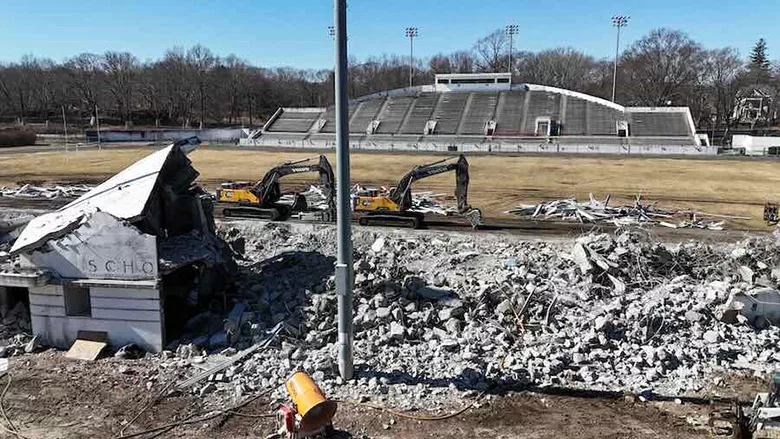 Crews began demolishing portions of the deteriorating White Stadium