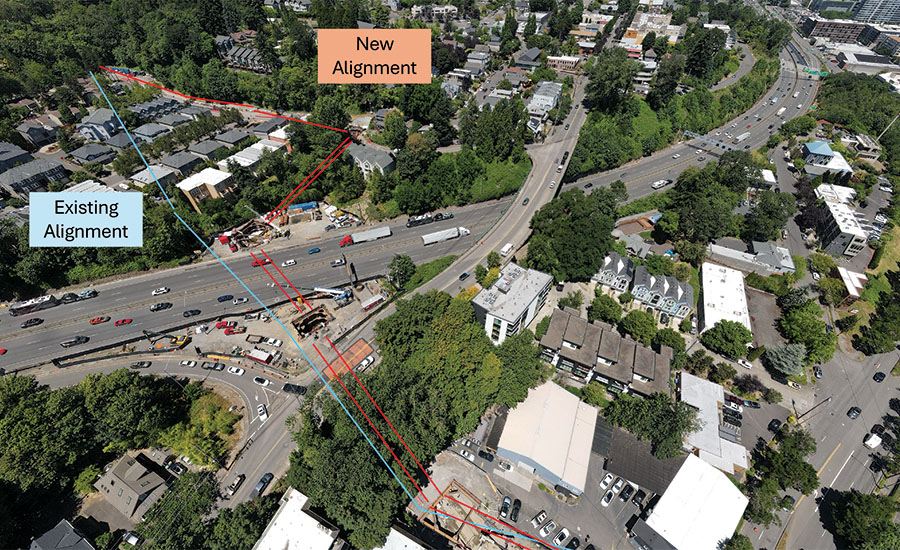 Aerial view of I-5 with existing alignment and new alignment renderings of the trunk line