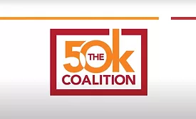 Red and orange logo of 50K Coalition on white gradient background
