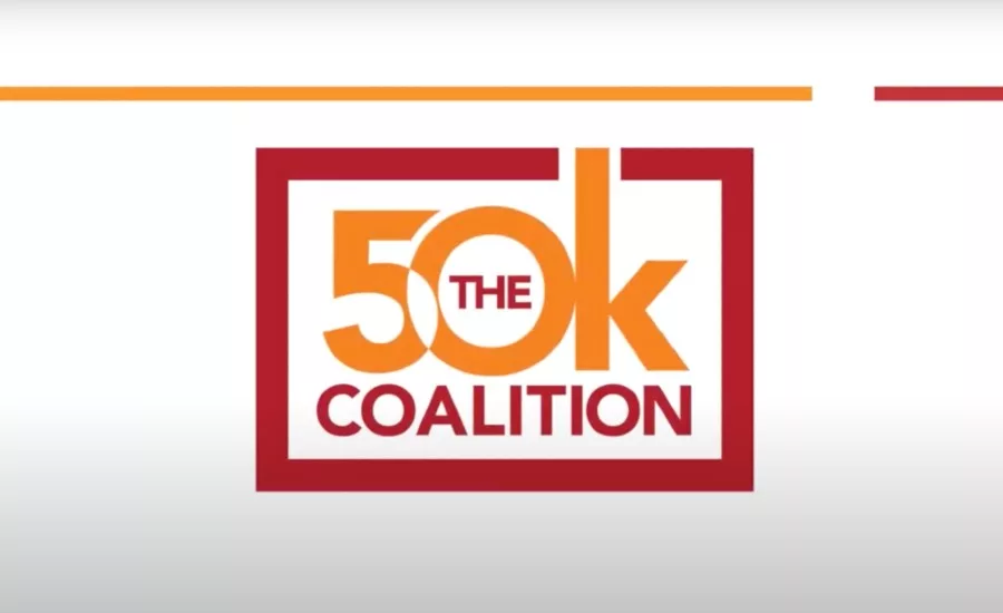 Red and orange logo of 50K Coalition on white gradient background