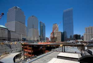 Tishman's Corner: 2008 included continued work on the World Trade Center site, as well as the Goldman Sachs building (third building from left). 7 World Trade Center (far right) was finished by Tishman in 2006. (Photo by Michael Falco)