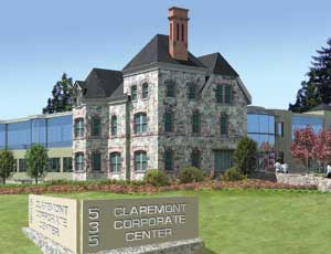 Designed by WESKetch Architecture of Millington, New Jersey, Claremont Corporate Center will include a 2-story main entry lobby with a glass curtain wall facade and a 20-ft stonewall. (Rendering courtesy of Beckerman PR)
