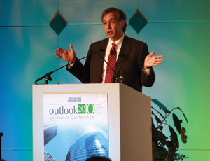 Robert Murray, vice president of economic affairs for McGraw-Hill Construction, announces that the market is “inching upward” during the 2010 Construction Outlook conference in Washington, D.C., in October. 