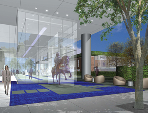 Austin Commercial of Dallas is close to completing Saint Ann Court in Dallas. A rendering shows the gallery lobby. Harwood is the developer and the building will serve as Harwood International’s headquarters.