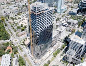 An aerial view of the 1450 Brickell project in downtown Miami. Coastal Construction Group is the general contractor.