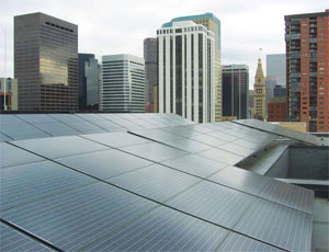 The roof of the Sugar Cube building, adjacent to the historic Sugar Building, contains an 18.9 kW solar PV array designed and installed by SolSource of Denver.