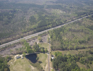 The aerial photo shows the existing conditions along Old U.S. 1, one of the locations where a new interchange will be built as part of the Western Wake Freeway project.
