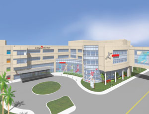 A rendering of the new Joe DiMaggio Children’s Hospital facility, now under construction in Hollywood, Fla.