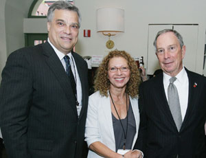The Columbus Avenue Business Improvement District recently commemorated its ten-year anniversary at a special breakfast highlighted by attendees such as Mayor Michael Bloomberg, the event&rsquo;s guest speaker; New York Times &ldquo;Streetscapes&rdquo; columnist Christopher Gray; Manhattan Borough President Scott Stringer and City Council Member Gale Brewer, who presented the BID with a proclamation for its decade of service and beautification initiatives. The breakfast was held at Isabella&rsquo;s on Columbus Avenue at West 77th Street in Manhattan. Pictured from left are Columbus Avenue BID President, Doug Griebel, Executive Director of the BID, Barbara Adler, and Bloomberg. 