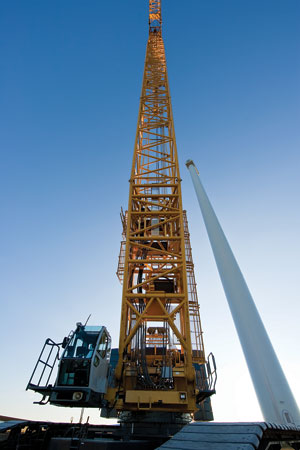 RES Americas used a 650-ton crawler crane to erect the wind towers. The cell weight, 85,000 lb., dictates the size of the crane.
