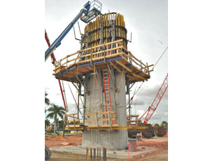 In September, Hunt-Moss JV, conducted the first vertical concrete pour for the super columns of the new Florida Marlins ballpark. The pour constituted the first estimated 16 ft of the nearly 40-ft tall rebar cage. The elliptical-shaped column will stand approximately 8 ft wide by 15 ft long and will rise to 130 ft. The column is one of 12 super-columns that will support the relatively 8,300-ton retractable-roof structure.