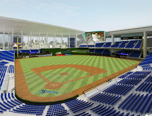 A view of the interior of the new Marlins ballpark. Some of the stadium’s planned amenities include concourses that overlook the playing field, a left-field party-suite area complete with a swimming pool, 50 luxury suites and a porch above right field with a bar and standing room with game views.