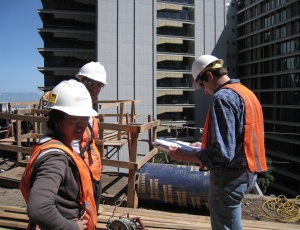 From left, interns Jamie Pobre, Nathan Canney and Forell/Elsesser Structural Engineer Steve Marusich at the UCSF Institute for Regeneration Medicine project site.