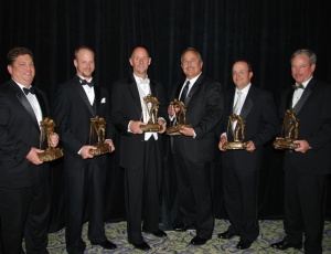 Six construction companies received Constructor Awards for their California projects in the 23rd annual AGC of California Constructor Awards competition. Representing the winning firms and their projects are, from left: Lou Palandrani, Clark/McCarthy A Joint Venture (Clark Construction Group � California, LP); Mark Rietema, Syblon Reid; Mark Wheeler, Unger Construction Co.; Joe Reyes, Reyes Construction; Brendan Murphy, Turner Construction Co.; and Bob Coupe, C.C. Myers, Inc.