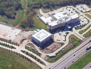 An aerial view shows Fort Bend County’s recently topped out 60,000-sq-ft, three-story office building.