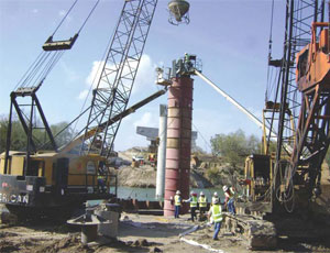 Construction of the recently completed Anzalduas Bridge, built by Williams Bros. Construction to attain LEED-silver certifi cation requirements. The bridge connects McAllen to Reynosa on the Mexico side.