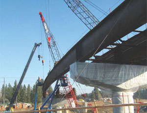 Girders are being placed on one of six bridges that are included in the U.S. 2 Lowering project between Farwell Road and Deadman Creek, part of the North Spokane Freeway megaproject. Other work under this contract includes retaining walls, paving for the interchange, frontage roads and a new 30-ft-wide arched culvert allowing for fish and wildlife passage.