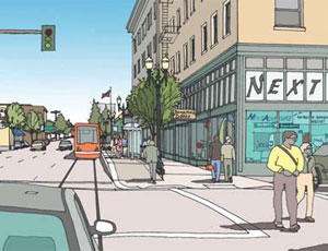 After laying form work, workers pour concrete to embed the track (above) which will eventually take the look of this artist’s rendering of the intersection at Grand Ave. and Stark St. (this image). The streetcar is growing in popularity across the country, in part because no vehicle traffic lanes are lost and the construction is less expensive than light rail.