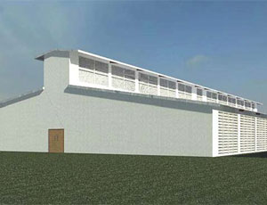 Rendering showing the side view of a data center wing. Data center wings, or pods, are configured as long rectangles with side walls lined with controlled louvers. The high-pitched roof is designed with a cupola also equipped with controlled louvers.(Modeling and Coordination by CADFORCE Inc. Jonathan Scaggs, Project Manager)