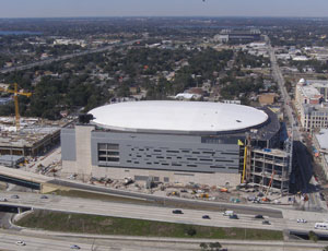 A recent aerial photo of the Amway Arena project. The city-owned project is scheduled for completion by October.
