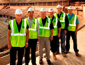 From left: Lee Hoover, senior project architect, Populous; Alex Martins, Orlando Magic COO; Orlando Mayor Buddy Dyer; Allen Johnson, director, Orlando Venues; Charlie Freeman, Orlando Magic senior vice president of business development; and Steve Laurila, construction manager, Hunt Construction.