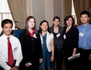 Pictured from left: Scholarship recipients, Hector Santacruz, Olivia Sell, Bonnie Tran, Denise Lleshi; Denise Berger, AIA; Deputy Director of Operations, Engineering Department, Port Authority of New York and New Jersey, Choong Ye.