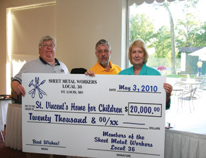 Sheet Metal Workers� Local 36 recently donated time and money to local charity organizations.From left, Ernie Angelbeck and David C. Zimmermann, both with Local 36; and Lee Ann Taylor, St. Vincent Home for Children.