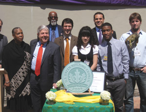 From left: David Burney, Commissioner of the New York City Department of Design and Construction; Georgina Ngozi, President & CEO of the Brooklyn Children�s Museum; Marty Markowitz, Brooklyn Borough President; Alvert Vann, New York City Council Member (District 36); Russell Unger, United State Green Building Council; 2 Brooklyn Children�s Museum Interns; James Robinson, Skanska USA Building; Iggy the Iguana with a Brooklyn Children�s Museum handler.