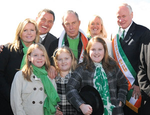 Pictured from left (front row): Emma, Sarah and Niamh Mc Gowan. Pictured from left (back row): Patricia Mc Gowan, Patrick J. Mc Gowan, Mayor Michael Bloomberg, Honorary Female Grand Marshal and Executive VP of Irish Radio Network USA Aine Sheridan, and New York State Senator Martin J. Golden.