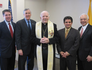  Pictured from left: Matthew McHale, Mayor of Dumont; Dennis McNerney, Bergen County Executive; Most Rev. John W. Flesey, Auxiliary Bishop of Newark; Angelo Del Russo, CEO Del-Sano Contracting Corp.; Dr. Phillip Frese, CEO Catholic Charities of the Archdiocese of Newark.